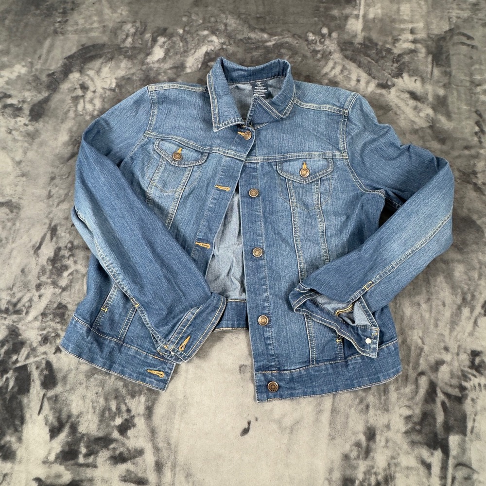 Faded Glory Denim Jacket Womens M 8-10 Blue Medium Wash Stretch Trucker 2515
